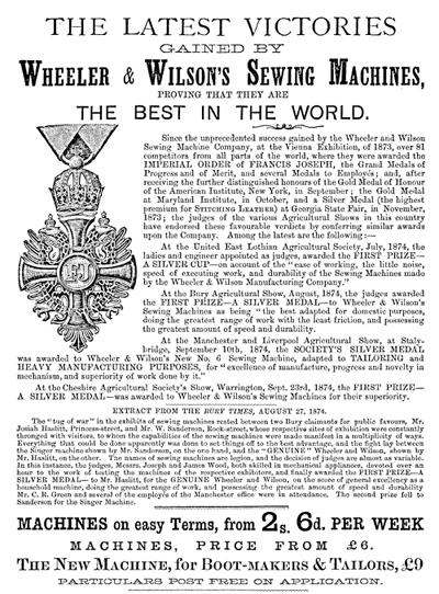 Wheeler and Wilson Sewing Machine Advert 1875